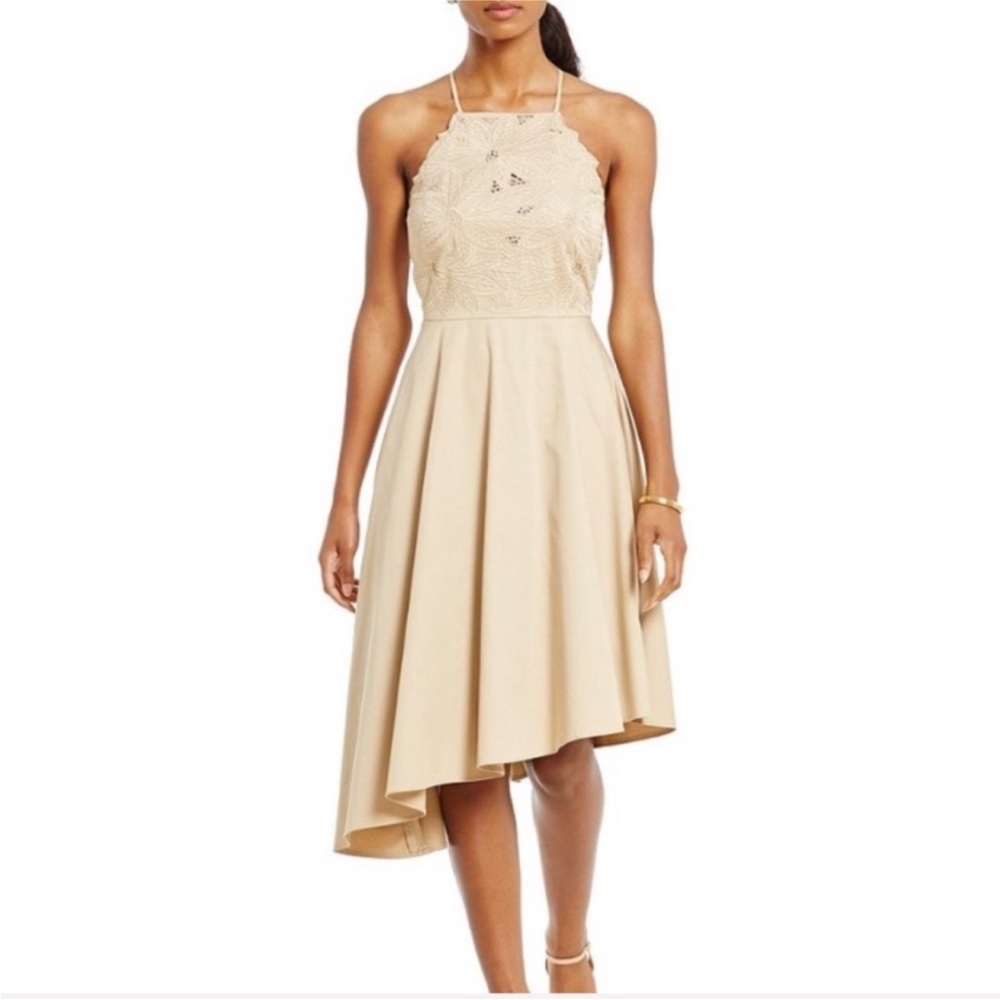Antonio Melani Embroidered Bodice Asymmetrical Hem Poplin Fit And Flare Dress‎